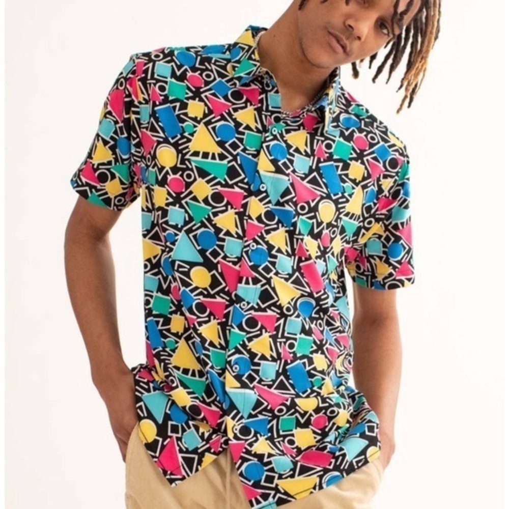 OH SNAP! Drill Clothing 90s Memphis Style Geo Print Button Up Shirt Size Large - Picture 13 of 13